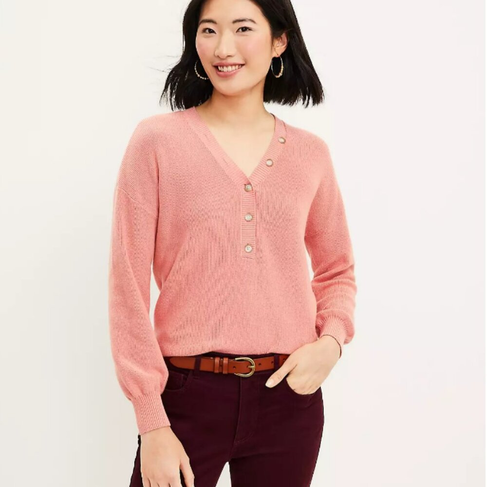 LOFT Women's Size Small Henley Sweater Pink Long Sleeve